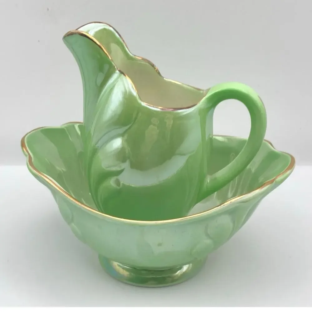 Vintage Maling Pottery Cream Jug & Sugar Bowl Set Green Lusterware Pearlescent